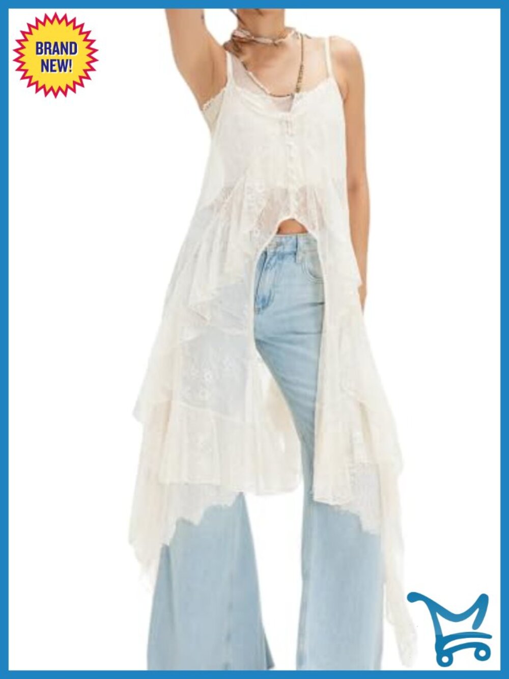 Women Sheer Lace Split Front Sleeveless Long Maxi Cami Tank Top